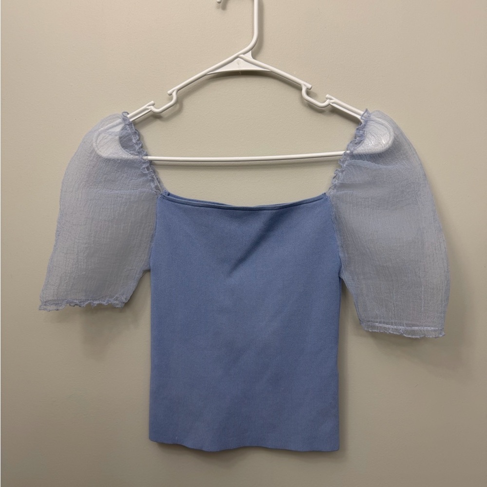 Zara Light Blue Puff Sleeve Square Neck Top